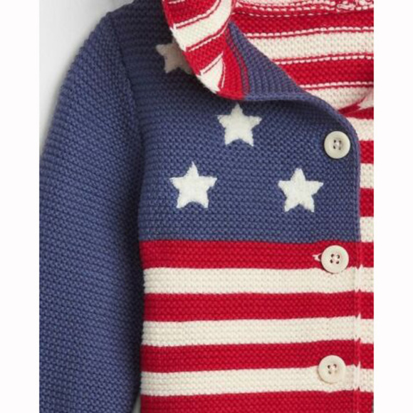 Baby Gap NWT July 4th Stars & Stripes Flag Bear Hoodie Sweater 0-3 Months - Picture 3 of 3